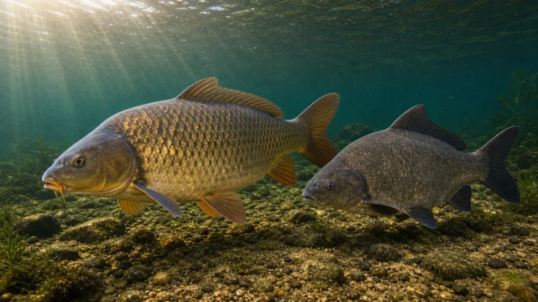 Carp and buffalo fish swimming underwater in a warm river