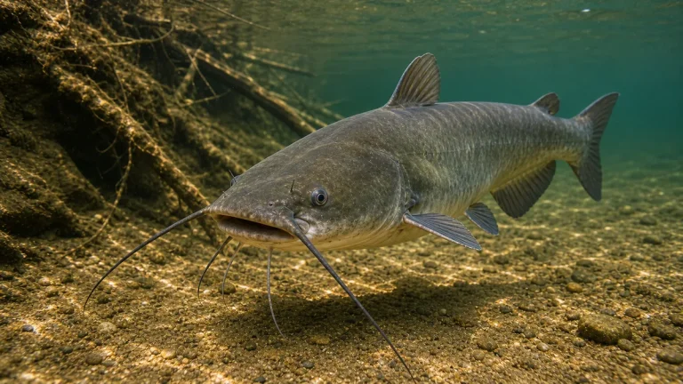 Channel catfish underwater near a shallow riverbank
