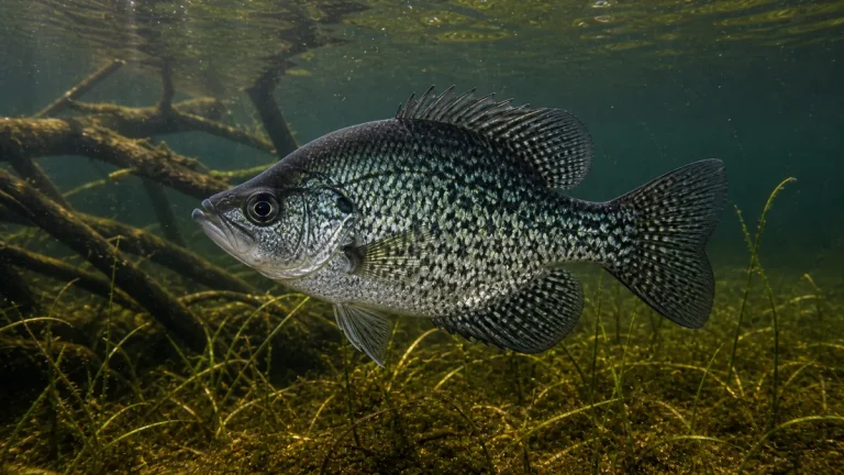 Crappie swimming underwater near submerged brush