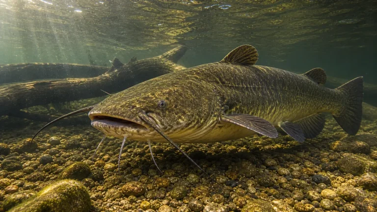 Flathead catfish underwater near submerged timber