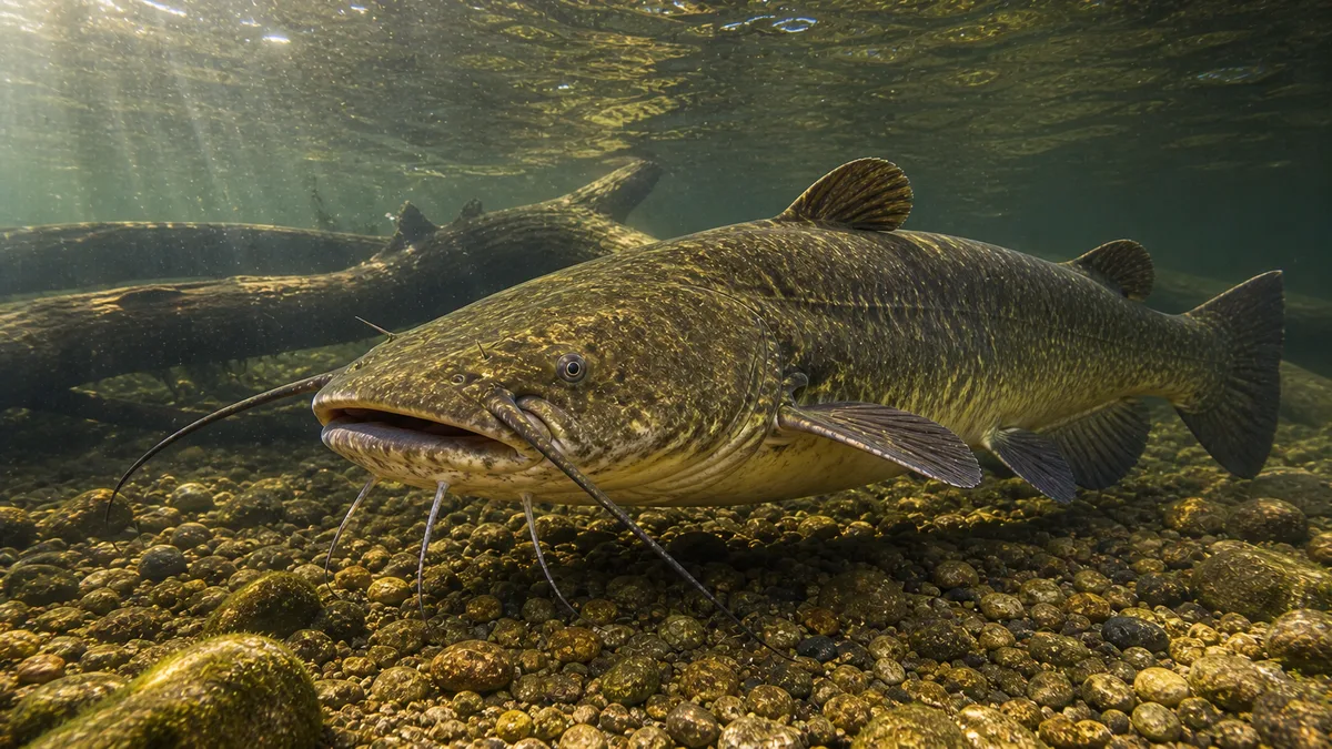 Flathead catfish underwater near submerged timber