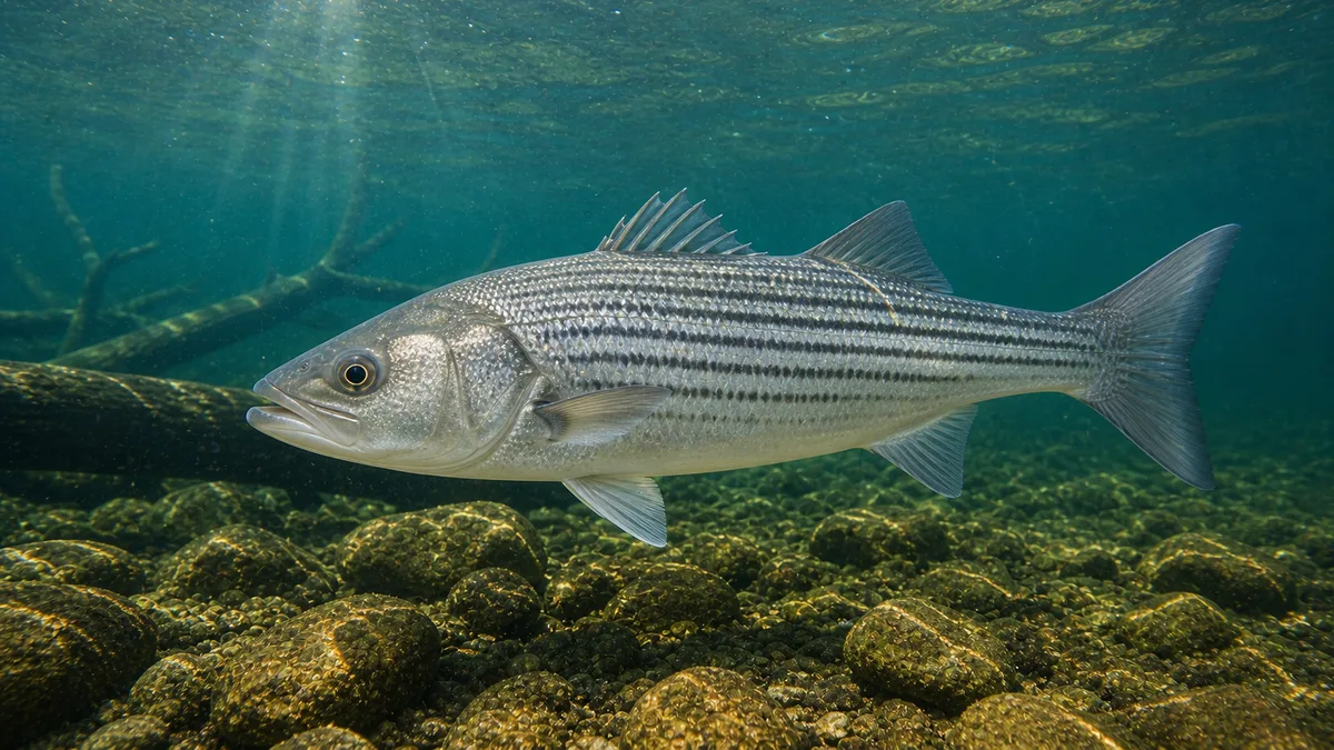 Hybrid striped bass swimming underwater over a rocky bottom