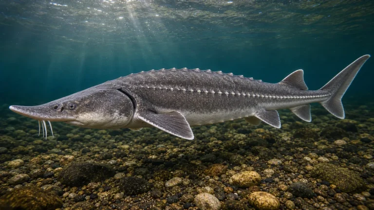 Lake sturgeon swimming underwater over gravel