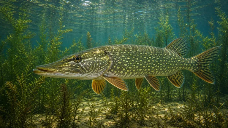 Northern pike underwater in a weedy freshwater bay