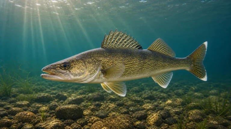 Walleye swimming underwater over rock and grass